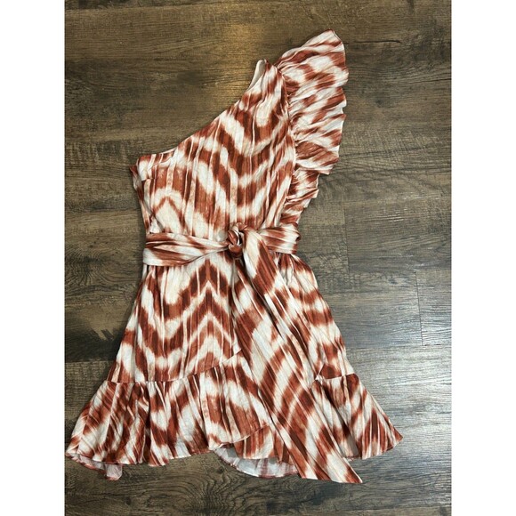 Banana Republic One Shoulder Dress Womens Size 4 Multi Linen‎ Ruffle Tie Waist - Picture 1 of 14